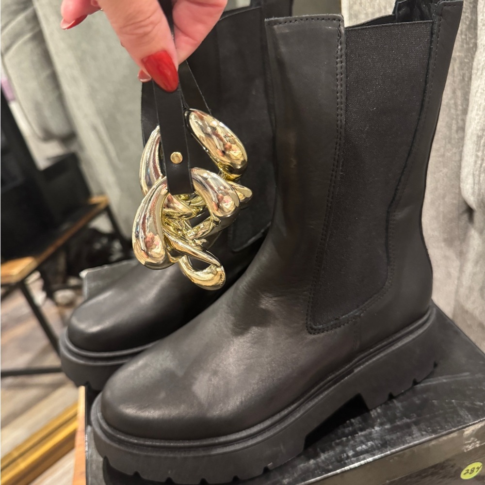 Le Pepite (Produced in Italy) Black Moto Boots with Bold “Removable” Gold Accent - Picture 6 of 8